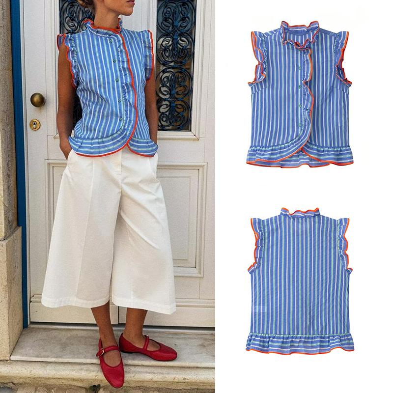 Shirt Camp Collar - 여성용 블루 세로 줄무늬 민소매 셔츠,