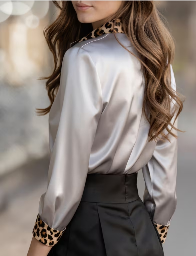 레오파드 프린트 칼라, 커프스 및 플래킷이 있는 우아한 - Shirt Camp Collar 리뷰 및 가격